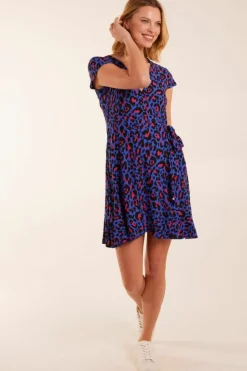 Wrap Dresses*Blue Vanilla Leopard Print Wrap Mini Dress Blue