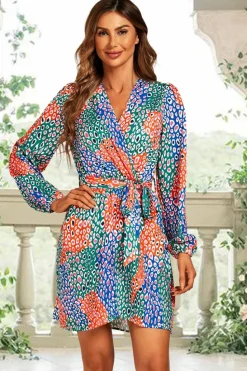 Wrap Dresses*FS Collection Leopard Print Wrap Mini Dress In Blue