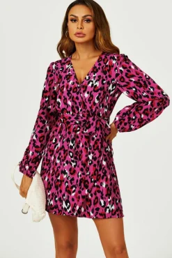 Wrap Dresses*FS Collection Leopard Print Wrap Top Mini Dress In Magenta Pink