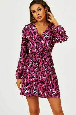 Wrap Dresses*FS Collection Leopard Print Wrap Top Mini Dress In Magenta Pink