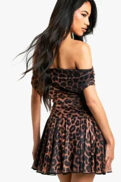 Skater Dresses*boohoo Leopard Printed Mesh Ruched Pleated Hem Mini Dress black