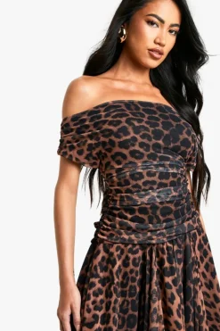 Skater Dresses*boohoo Leopard Printed Mesh Ruched Pleated Hem Mini Dress black