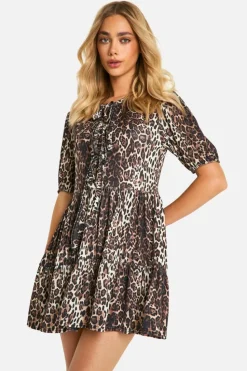 Smock Dresses*boohoo Leopard Rib Tie Front Smock Dress brown