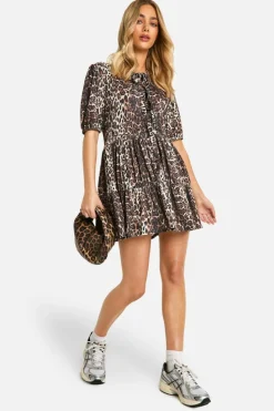 Smock Dresses*boohoo Leopard Rib Tie Front Smock Dress brown