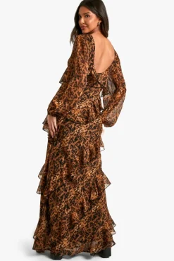 Maxi Dresses|Long Sleeve Dresses*boohoo Leopard Ruffle Chiffon Maxi Dress multi