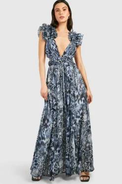 Skater Dresses|Maxi Dresses*boohoo Leopard Ruffle Cut Out Maxi Dress brown