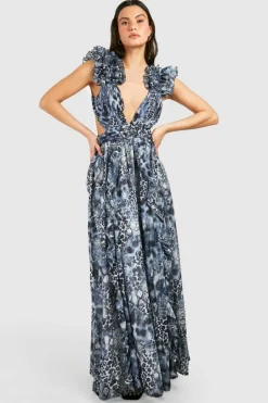 Skater Dresses|Maxi Dresses*boohoo Leopard Ruffle Cut Out Maxi Dress brown