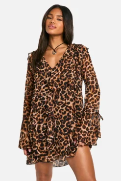 Mini Dresses|Long Sleeve Dresses*boohoo Leopard Ruffle Shift Dress brown