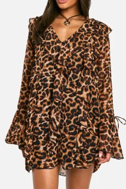 Mini Dresses|Long Sleeve Dresses*boohoo Leopard Ruffle Shift Dress brown