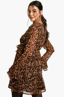 Smock Dresses*boohoo Leopard Ruffle Sleeve Mini Dress brown