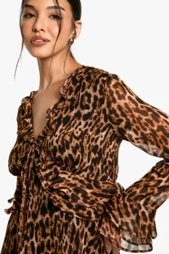 Smock Dresses*boohoo Leopard Ruffle Sleeve Mini Dress brown