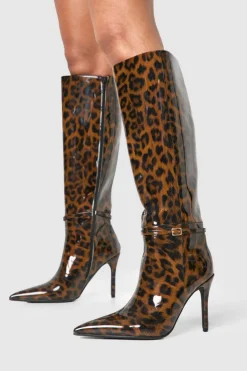 Over The Knee Boots|Knee High Boots*boohoo Stiletto Pointed Knee High Boots leopard