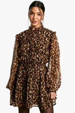 Smock Dresses*boohoo Leopard Tie Chiffon Smock Dress brown