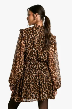 Smock Dresses*boohoo Leopard Tie Chiffon Smock Dress brown