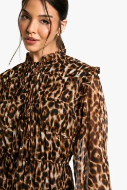 Smock Dresses*boohoo Leopard Tie Chiffon Smock Dress brown