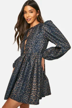 Smock Dresses*boohoo Leopard Tie Front Long Sleeve Smock Dress brown