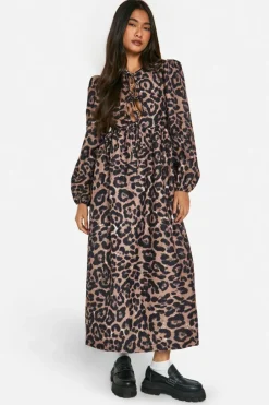 Smock Dresses*boohoo Leopard Tie Front Midaxi Smock Dress brown