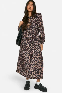 Smock Dresses*boohoo Leopard Tie Front Midaxi Smock Dress brown