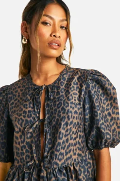 Smock Dresses*boohoo Leopard Tie Front Mini Dress brown