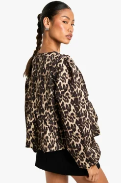 Long Sleeve Tops|Tops*boohoo Tie Front Puff Long Sleeve Smock Top leopard