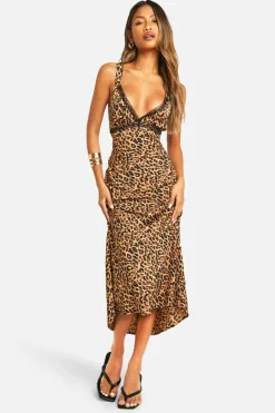 Cami Dresses*boohoo V Neck Lace Trim Midaxi Slip Dress leopard