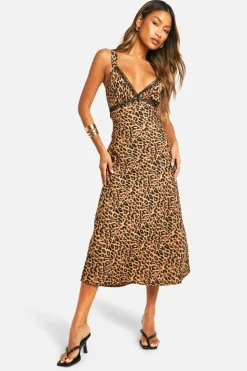 Cami Dresses*boohoo V Neck Lace Trim Midaxi Slip Dress leopard