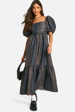 Smock Dresses*boohoo Leopard Volume Puff Sleeve Midaxi Dress brown