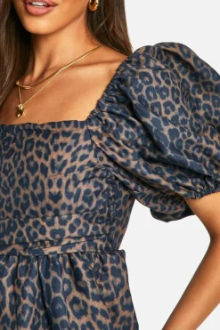 Smock Dresses*boohoo Leopard Volume Puff Sleeve Midaxi Dress brown