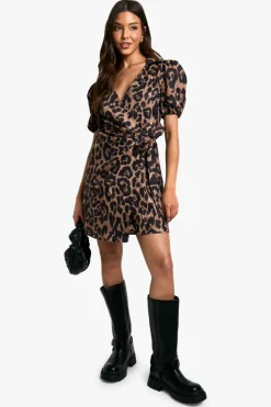 Smock Dresses|Wrap Dresses*boohoo Leopard Wrap Smock Dress brown