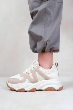 Trainers*Where's That From Liberate' Chunky Sole Mesh Trainers With Suede Detail Cream