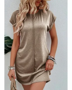 T-Shirt Dresses|Shirt Dresses*Azura Exchange Light French Beige Center Seam Rolled Cuffs T-shirt Dress Multi