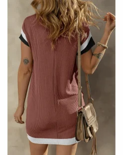 Shirt Dresses*Azura Exchange Light French Beige Textured Colorblock Edge Patched Pocket T Shirt Multi
