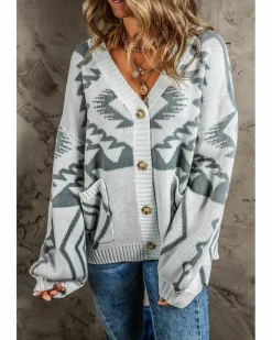 Cardigans*Azura Exchange Light Grey Geometric Pattern Ribbed Trim Button-Up Cardigan Multi