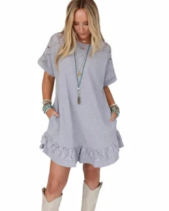 Shirt Dresses|T-Shirt Dresses*Azura Exchange Light Grey Lace Floral Patchwork Ruffled T-shirt Dress Multi