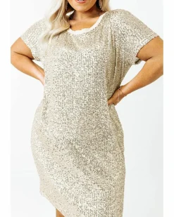 Shirt Dresses|T-Shirt Dresses*Azura Exchange Light Pink Plus Size Sequin Short Sleeve T-shirt Dress Multi