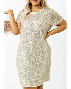 Shirt Dresses|T-Shirt Dresses*Azura Exchange Light Pink Plus Size Sequin Short Sleeve T-shirt Dress Multi