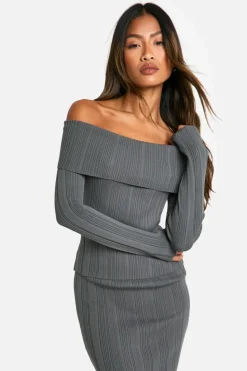 Knitted Tops|Co-Ord Sets*boohoo Lightweight Rib Knitted Bardot Long Sleeve Top charcoal