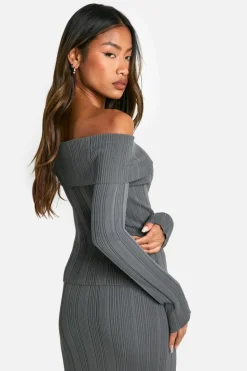 Knitted Tops|Co-Ord Sets*boohoo Lightweight Rib Knitted Bardot Long Sleeve Top charcoal
