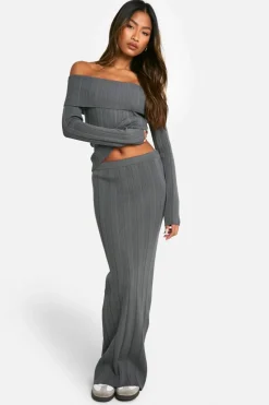 Knitted Tops|Co-Ord Sets*boohoo Lightweight Rib Knitted Bardot Long Sleeve Top charcoal