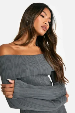 Knitted Tops|Co-Ord Sets*boohoo Lightweight Rib Knitted Bardot Long Sleeve Top charcoal