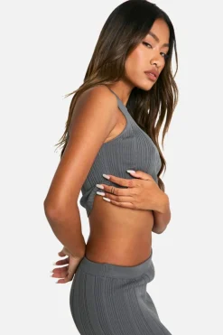 Knitted Tops*boohoo Lightweight Rib Knitted Racer Vest charcoal