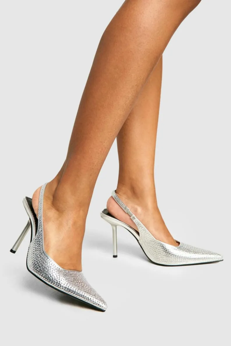 Heels*boohoo Limited Edition Embellished Slingback Court Shoes silver