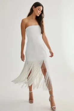 Midi Dresses*NastyGal Limited Tailored Pearl Fringe Trim Midi Dress ivory