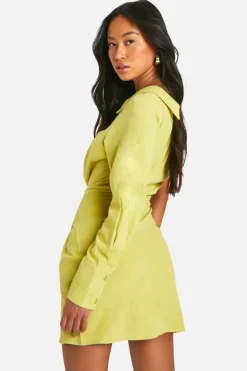 Shirt Dresses*boohoo Linen Look Asymmetric Shirt Mini Dress green