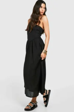 Skater Dresses*boohoo Linen Look Bandeau Midaxi Dress black
