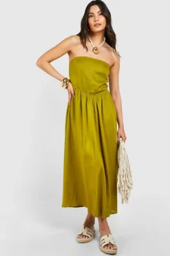 Skater Dresses*boohoo Linen Look Bandeau Midaxi Dress khaki