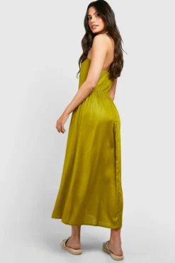 Skater Dresses*boohoo Linen Look Bandeau Midaxi Dress khaki