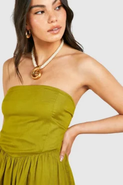 Skater Dresses*boohoo Linen Look Bandeau Midaxi Dress khaki