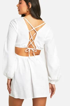 Skater Dresses*boohoo Linen Look Beaded Mini Dress ecru