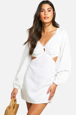 Skater Dresses*boohoo Linen Look Beaded Mini Dress ecru